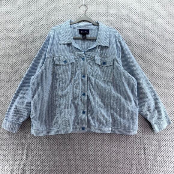 Denim &Co Jacket Womens 3X Blue White Striped Crinkle Cotton Collar Button Front - Picture 1 of 12